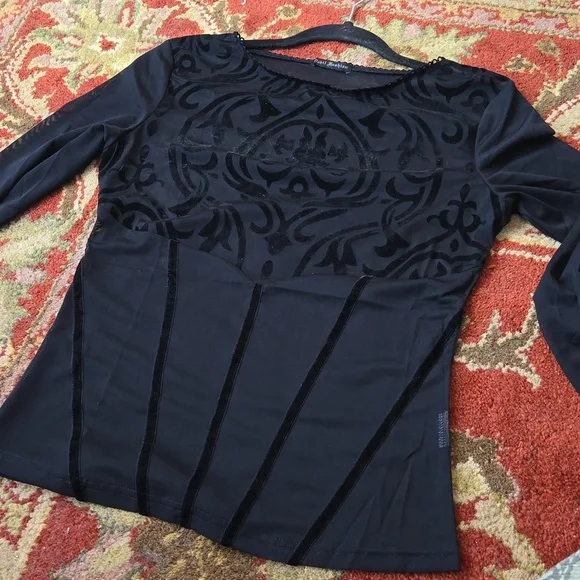 Devil Fashion Gothic Damask black sheer & velvet long sleeve top - Picture 10 of 12